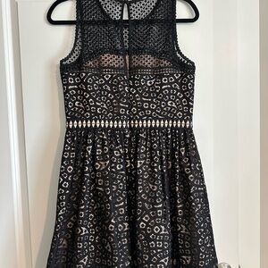 Eliza J Black Lace Fit-and-Flare Midi Dress with Nude Lining